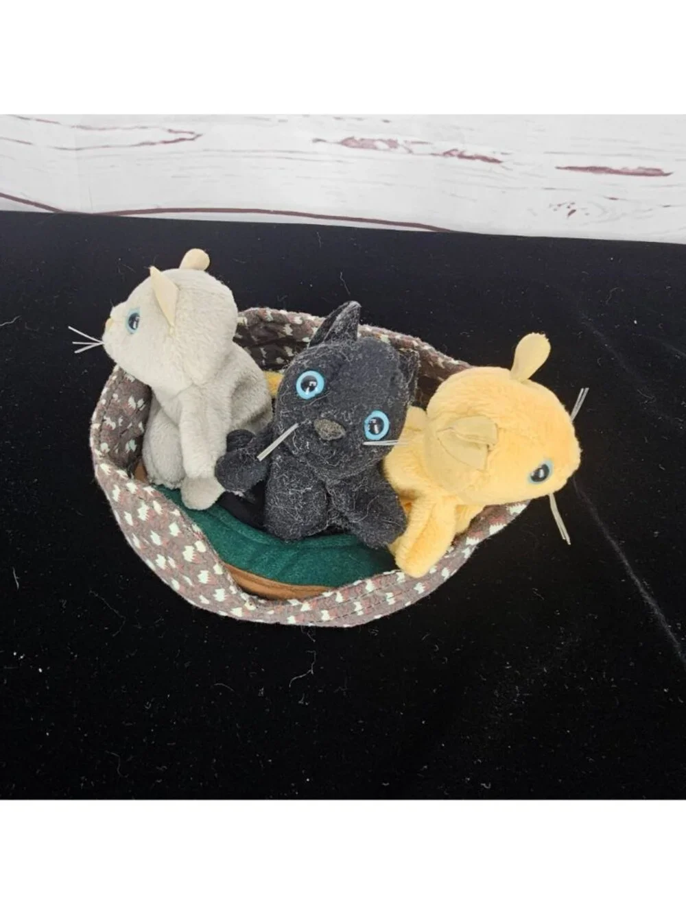 Three Folkmanis Plush Kitten Finger Puppets In Decorative Basket With Realistic